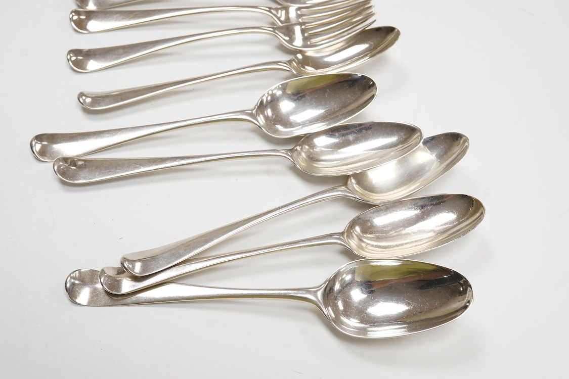A set of six George III silver Hanoverian pattern dessert forks, Christopher & Thomas Wilkes Barker, London, 1802, together with six 18th century silver base mark dessert spoons and a set of six late Victorian engraved s